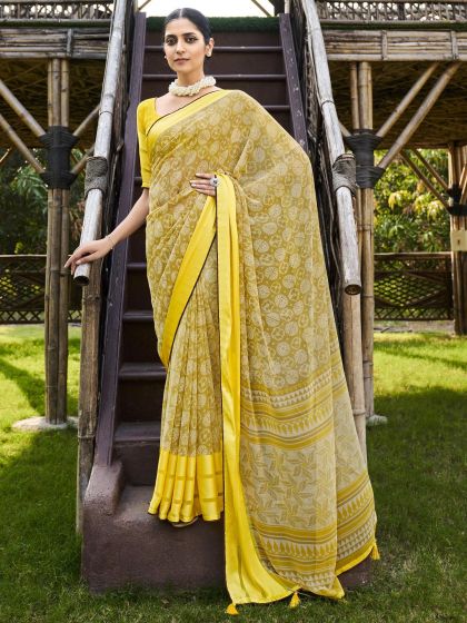 Yellow Casual Printed Saree In Georgette