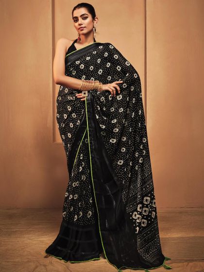 Black Georgette Saree With Bandhej Prints