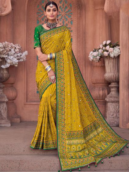 Yellow Mirror Embroidered Silk Saree