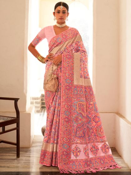 Pink Woven Festive Saree In Pashmina