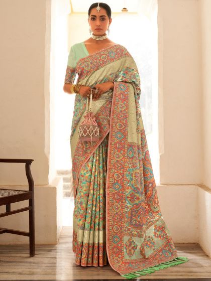 Green Floral Woven Saree In Pashmina