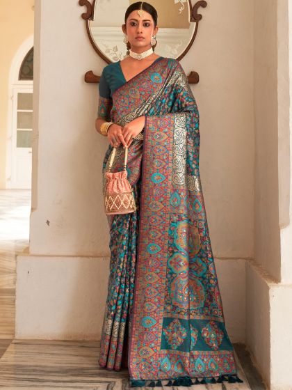 Blue Floral Woven Wedding Wear Saree