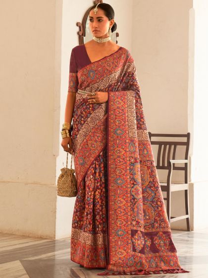 Maroon Traditional Woven Pashmina Saree