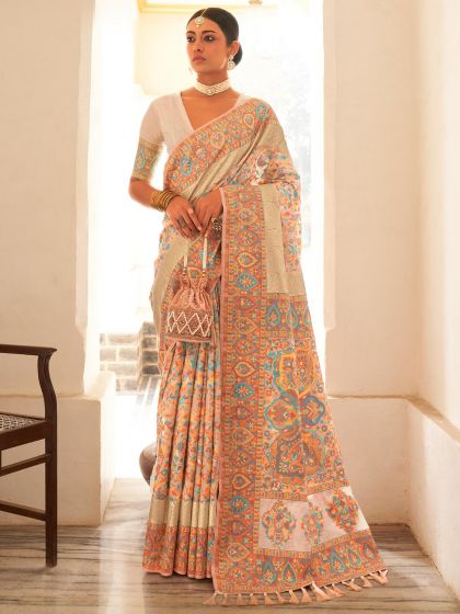 Off White Floral Saree In Pashmina