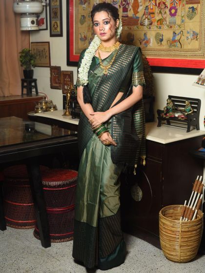 Green Foil Printed Saree In Silk