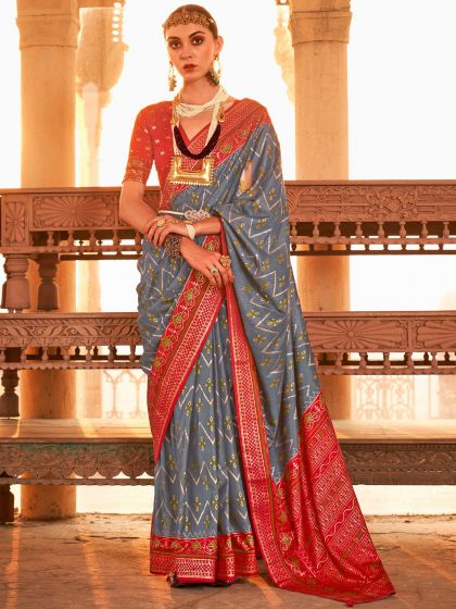 Grey Patola Printed Saree In Silk 