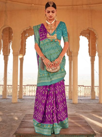 Purple Traditional Silk Saree With Prints