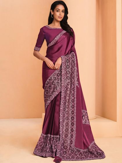 Purple Satin Party Wear Saree In Satin