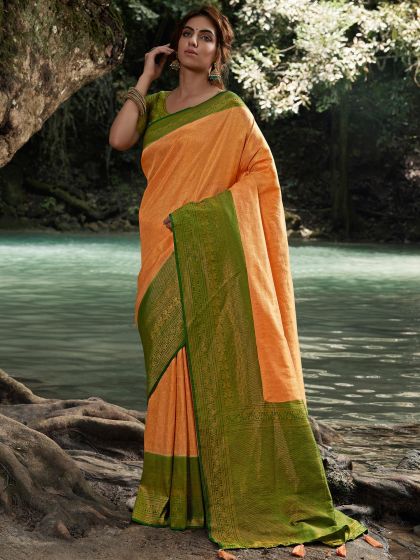 Orange Woven Wedding Wear Saree In Silk