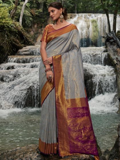 Grey Zari Woven Saree In Silk