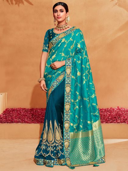 Blue Traditional Half N Half Saree In Silk