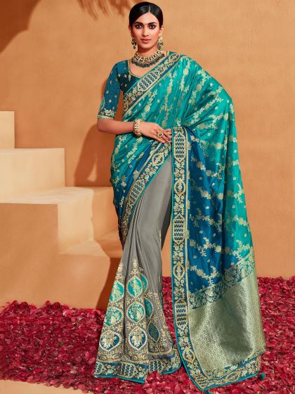 Blue And Grey Embroidered Half N Half Saree