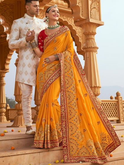 Yellow Bridal Embroidered Art Silk Indian Sarees Online Shopping