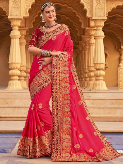 Pink Heavy Embroidered Indian Saree With Blouse