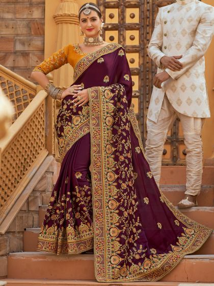 Purple Embroidered Border Indian Saree Online Shopping