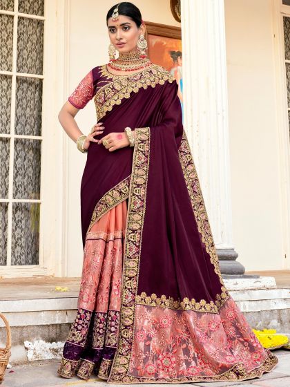 Purple And Peach Half N Half Saree With Embroidery