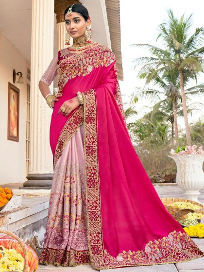 Pink Embroidered Half N Half Indian Saree Online