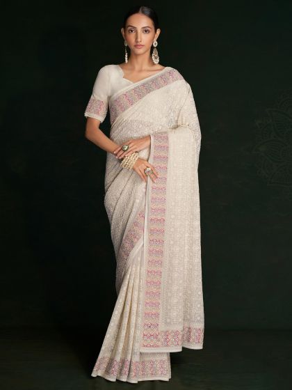 White Georgette Saree With Stone Work