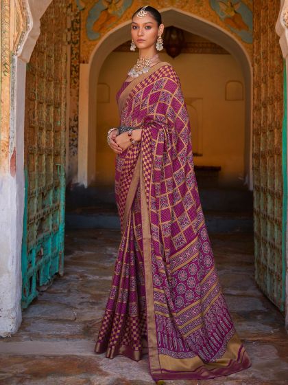 Magenta Printed Brasso Saree With Blouse