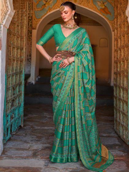 Turquoise Printed Festive Saree In Brasso