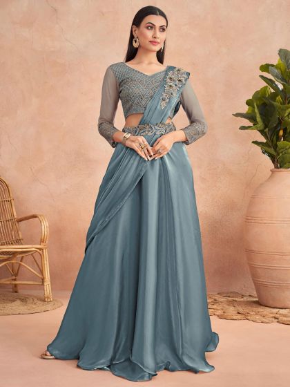 Blue Bridesmaid Pre-Stitched Saree With Embroidery