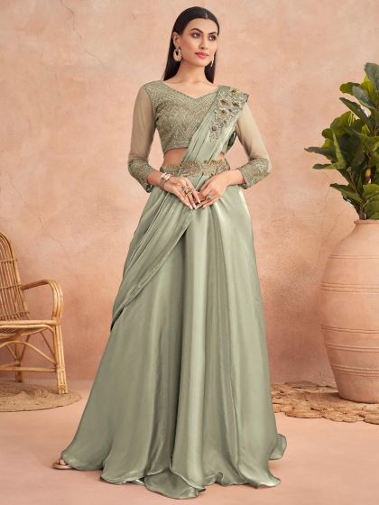Green Pre-Stitched Satin Saree With Embroidery