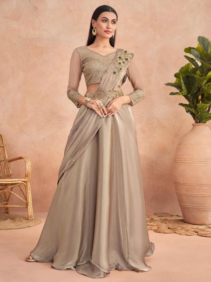 Beige Pre-Stitched Cocktail Saree In Satin