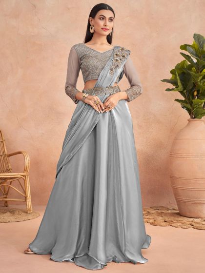 Blue Embroidered Pre-Stitched Cocktail Saree In Satin