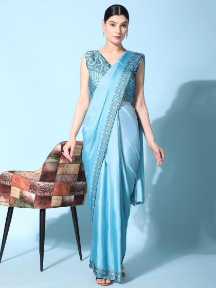 Blue Stone Embellished Pre-Stitched Saree