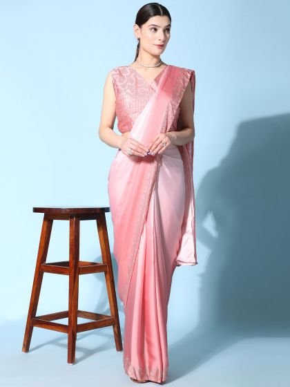 Peach Pre-Stitched Bridesmaid Saree In Satin