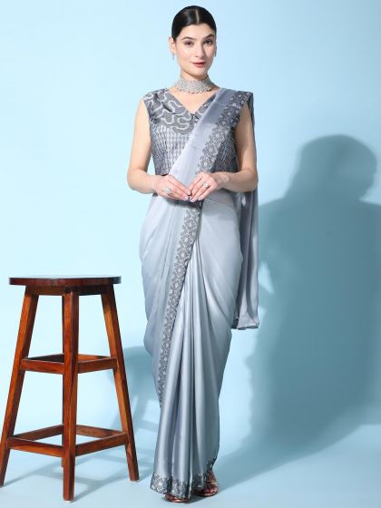 Silver Pre-Stitched Satin Saree With Blouse