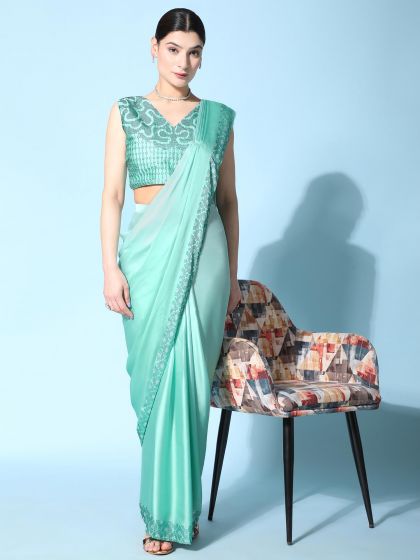 Turquoise Stone Embellished Pre-Stitched Saree