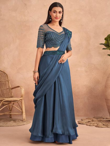 Blue Sequined Pre-Sticted Saree In Satin