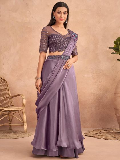 Purple Bridesmaid Ruffle Style Satin Saree