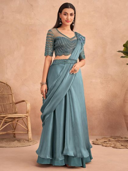 Blue Bridesmaid Ruffle Style Satin Saree