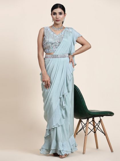Blue Pre-Stitched Ruffle Saree In Chiffon