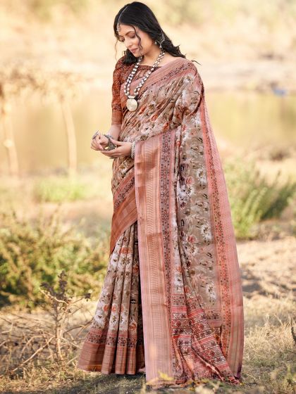 Beige Printed Casual Wear Saree In Cotton