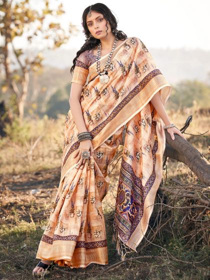 Cream Floral Printed Casual Cotton Saree