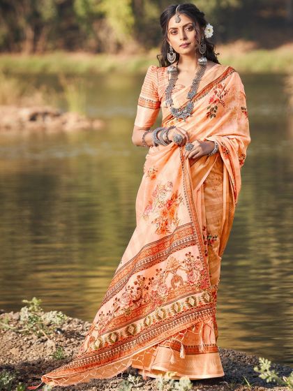 Orange Printed Casual Wear Saree In Cotton