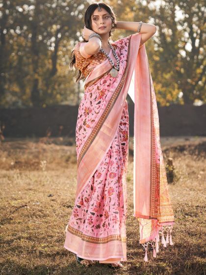 Pink Festive Wear Saree With Floral Prints