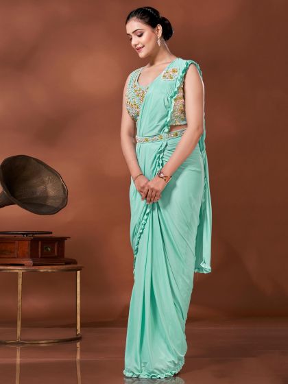 Blue Embellished Pre-Stitched Saree In Crepe