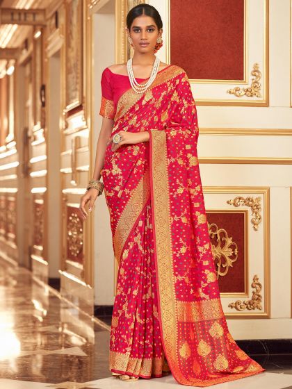 Pink Bridal Bandhani Saree In Chiffon