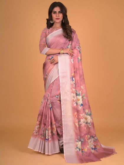 Pink Floral Printed Saree In Cotton