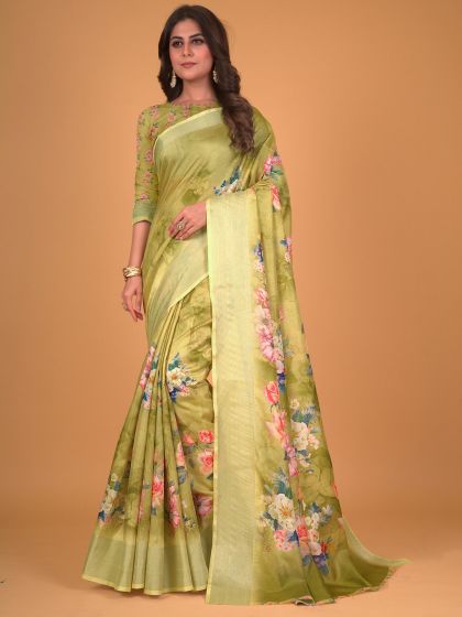 Green Casual Wear Saree In Cotton