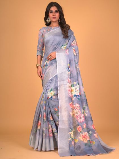 Purple Floral Casual Wear Saree In Cotton