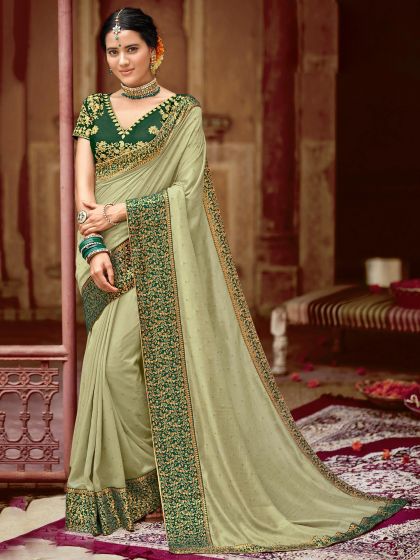 Green Stone Embellished Saree In Art Silk