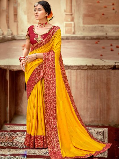 Yellow Festive Silk Saree With Woven Borders