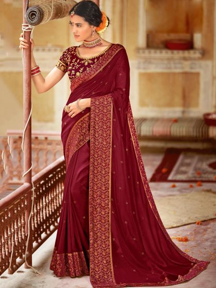Maroon Stone Embellished Saree In Art Silk