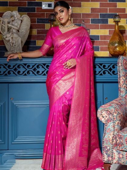 Pink Banarasi Silk Saree With Woven Borders