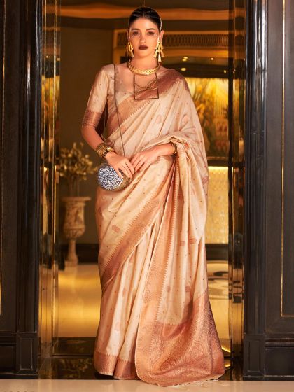 Beige Woven Festive Saree In Banarasi Silk